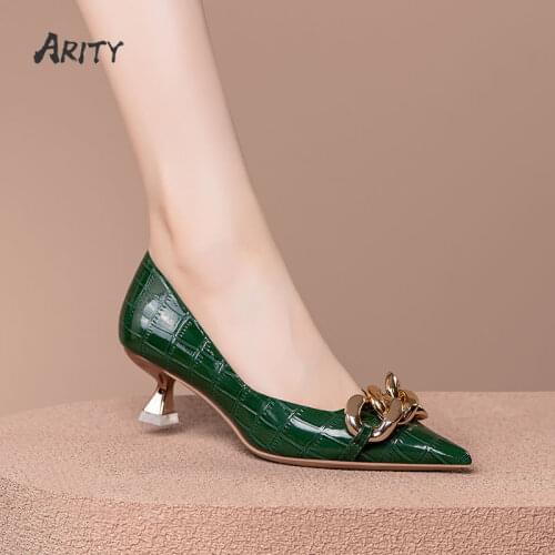 Women Spring Autumn All-match Shoes Kitten Heel Pointed Toe Chain Woman Pumps Black Soft Leather Work Shoes
