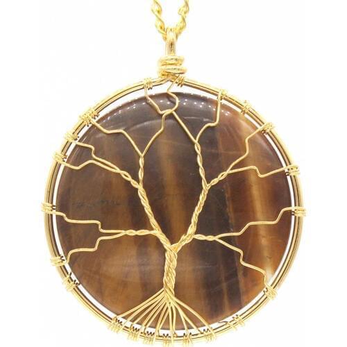 FYJS Unique Light Yellow Gold Color Wire Wrap Natural Tiger Eye Stone Pendant Tree of Life Necklace for Men Jewelry