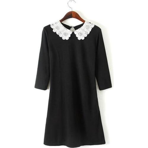 PERHAPS U Black White Lace Turn Down Collar Short Sleeve Short Midi Dress Office Lady A Line Elegant Women Female D0147