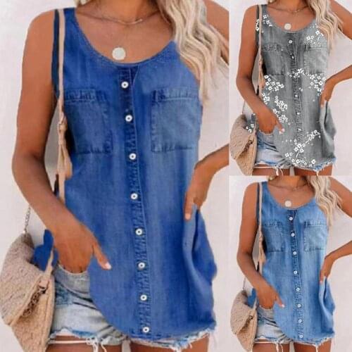 Summer Round Neck Women Vest Solid Color Denim Sleeveless Pockets Thin Denim Blouse Streetwear Camis Stylish Daily Wear Casual