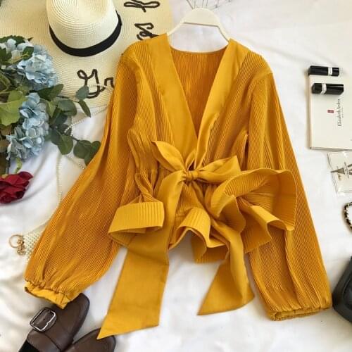 Womens spring summer long sleeve V neck chiffon shirt female casual high waist Ruffles belt shirt tops TB1187