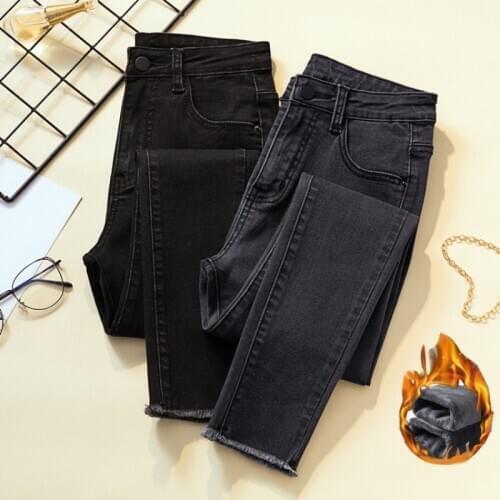 Plus size Womens Stretch Jeans 2021 Autumn Winter New High-waisted raw Edge pencil Pants Black Casual Ladies Denim Trousers