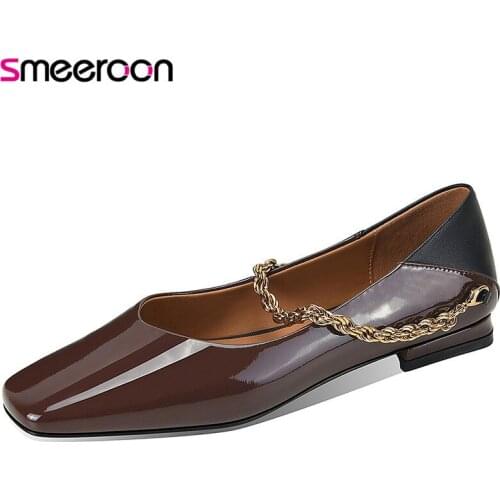 Smeeroon Top Quality Flat Shoes Women Patent Leather Chain Square Toe Comfortable Casual Shoes Spring Summer Single Shoes Lady