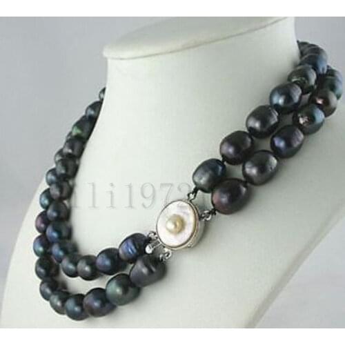 Women Gift word Love Shipping >>>>>2 Row 9-11mm black baroque Freshwater PEARL NECKLACE 17-18" mujer for -jewelry