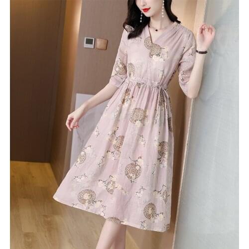 Summer Casual Chic Ramie Floral V-Neck Dress 2021 Elegant Vintage Linen Print Beach Midi Sundress Women Bodycon Party Vestidos