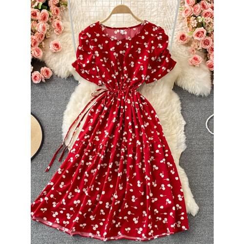 Summer Women Printed Midi Dress Sexy Yellow/Green/Red High Waist Short Sleeve Drawstring Vestidos Female Casual Slim Robe 2021