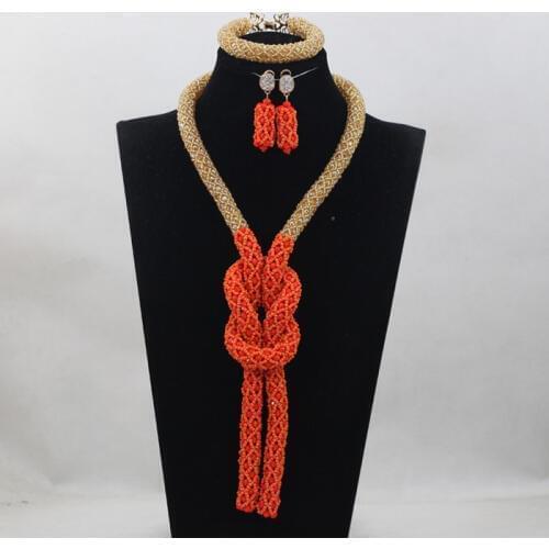 African Wedding Bridal Trendy Champagne Red/Orange Crystal Nigerian Women Beads Necklace Jewelry Set Free ShippingABH188