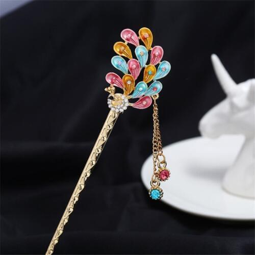 Brand Enamel Peacock Hair Sticks Girls Wedding Hair Accessories Crystal Tassel Hairpin Fork Gold Hair Clip Woman Hair Jewelry