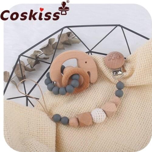 Coskiss Baby Rattles Set Elephant Teether Bracelet Beech Wooden Pacifier Clip Holder Chain BPA Free Nursing Toys Gift