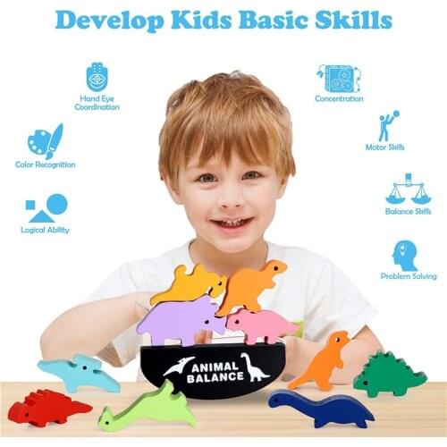Children Montessori Wooden Animal Balance Blocks Board Dinosaur Games Toy Educational Stacking High Building Block Wood Toy