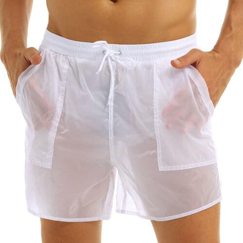 Men Shorts Lingerie Elastic Waist Solid See-Through Drawstring Quick Dry Beach Shorts Swimwear Trunks with Bulit-in Mesh Briefs