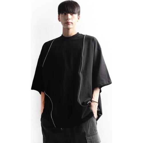 Summer mens T-shirt fashion straight tube personality backpack short sleeve T-shirt front pleated hip-hop oversized top