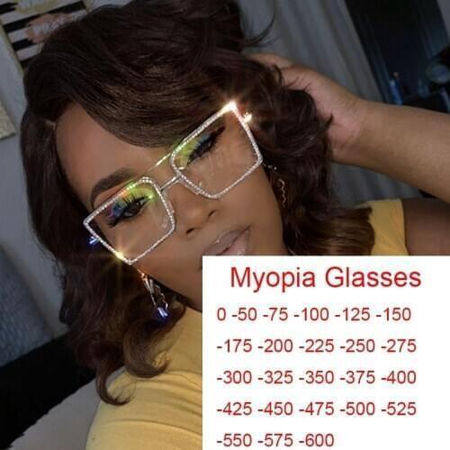 Fashion Transparent Square Myopia Glasses Metal Frame Women Oversized Men Eyeglasses Clear Rhinestone Glasses Armacoes de Oculo