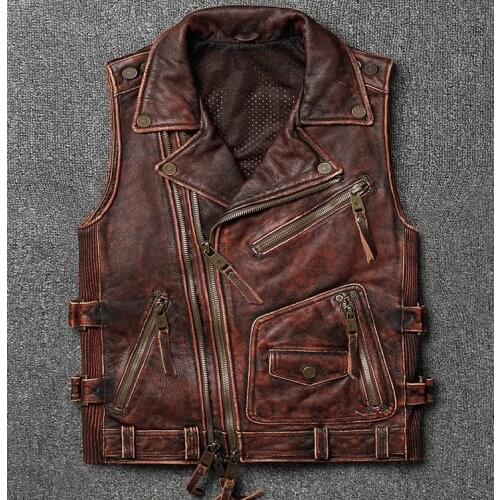 Mens Motorcycle Biker Waistcoat Full Real Leather Black Vest Jacket Cut Zipper Thick Genuine Leather Vintage Vest High Quality
