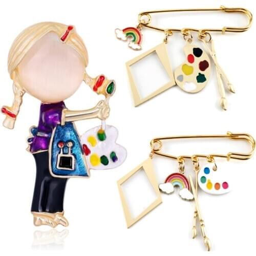 Opal Enamel Painting Girl Brooch Color palette Pendants Buckle Pin Women Safety Pins Brooches Jewelry Decorations painter Gift