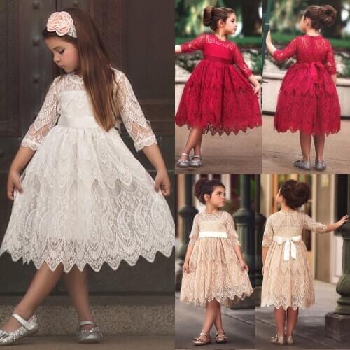 Girls Princess Dress 2-7Y Kids Toddler Baby Girl Flowers Lace Dress Party Solid Dresses Pageant Bridesmaid Gown