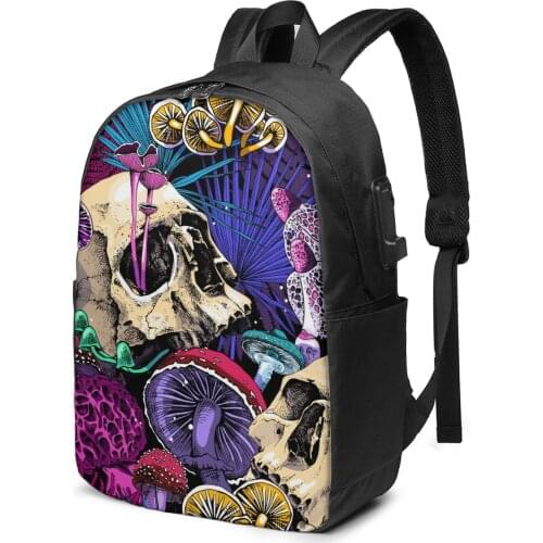 Teenage Backpack for School Boy Girl Psychedelic Mushrooms And Skulls School Bag USB Charging Bookbag