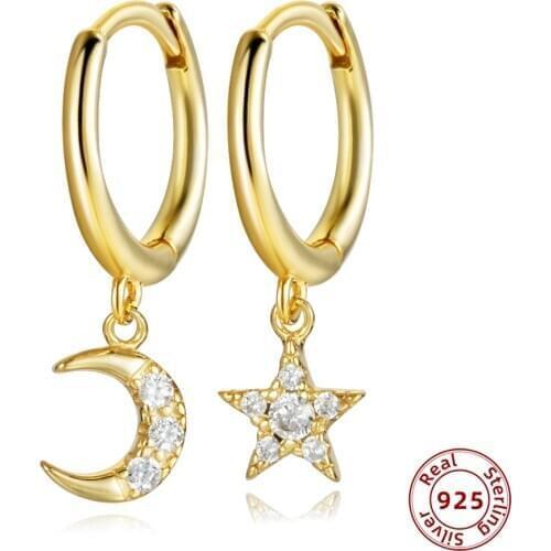 Clear CZ Moon Star Pendants Earrings for Women Classic Gold Color 925 Sterling Silver Small Mini Hoop Earrings Korean Jewelley