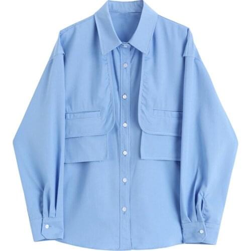 Blue Solid Spliced Blouse Ladies Stylish Pocket Lantern Sleeve Boyfriend Oversized Womens Shirt Streetwear Elegant Chic Cardigan