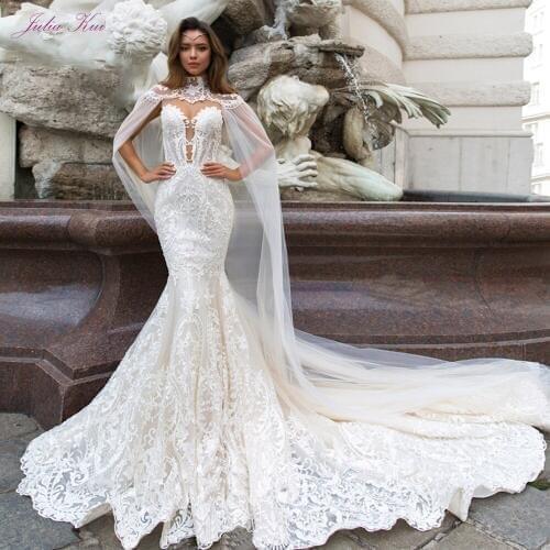 JULIA KUI Puffy Shawl Mermaid Wedding Dress Of Sweetheart Neckline With Skin Tulle Cap Sleeve Vestido De Noiva