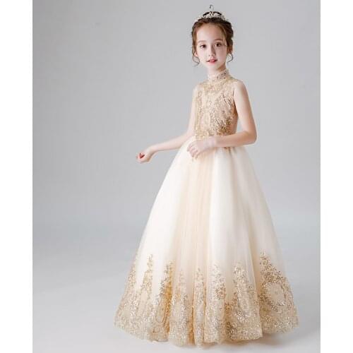 Sequin Tulle Flower Girl Wedding Dresses Gold Party Princess Pageant Birthday Ball Gowns Baby Girl Baptism First Communion Gown