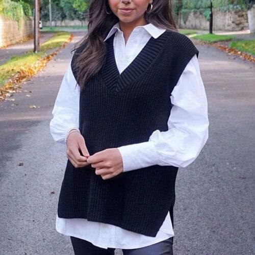 New Korean Fashion V-neck Retro Knitted Autumn Winter Loose Wild Sleeveless Pullover Womens Sweater 2021 Casual 90s Streetwear