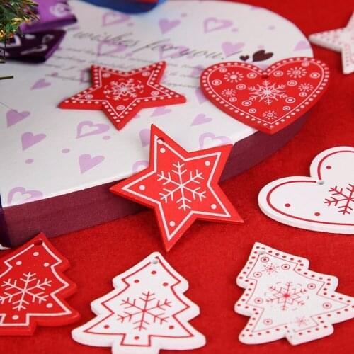 5PCS Red Christmas Wooden Love/Heart/Star Tree Hanging Ornaments Christmas Tree Hanging Decoration Xmas Tree Decor Kids Gifts