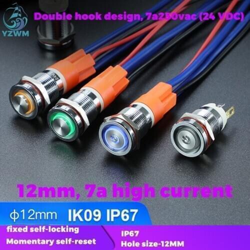 YZWM 12mm Ultra Short Self-locking and Self-healing 7a High Current Metal Button Switch with Light, Waterproof, Round, Anti Riot
