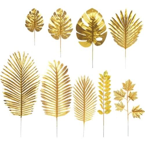 Zerolife Multiple Styles 5Pcs Golden Artificial Leaves Monstera Tropical Palm Leaf Cloth Simulation Plant for Desktop Xmas Decor