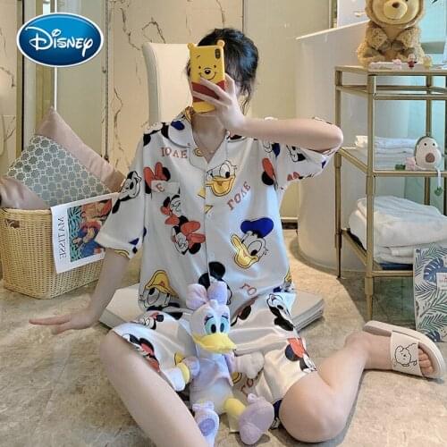 Disney cartoon Mickey Minnie bear print summer three-quarter sleeve nightdress Women cute lapel Girls pajamas home service suit