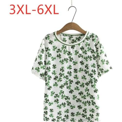 New 2021 Ladies Summer Plus Size Top For Women Large Short Sleeve Green Clover Floral Print Chiffon T-Shirt 3XL 4XL 5XL 6XL