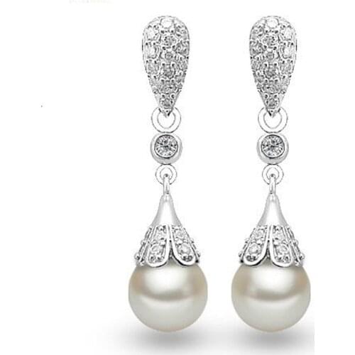 Romantic Jewelry Silver Color waterdrop Natural Pearl CZ Crystal Stud Earrings For Women Promise Wedding Gift pendientes