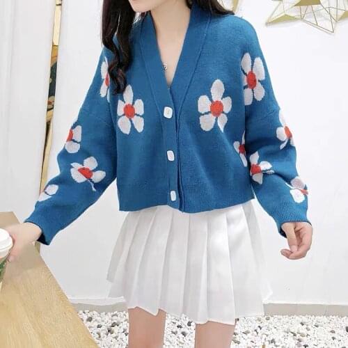 WomenS Flower Print Knit Sweater Short Cardigans Green Blue Black Loose Clothing Casual Ladies Female Coat 2020 Preppy Style