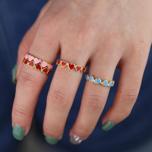 Cute lovely enamel heart band ring Gold filled pink blue red colorful bands women lady fashion finger rings