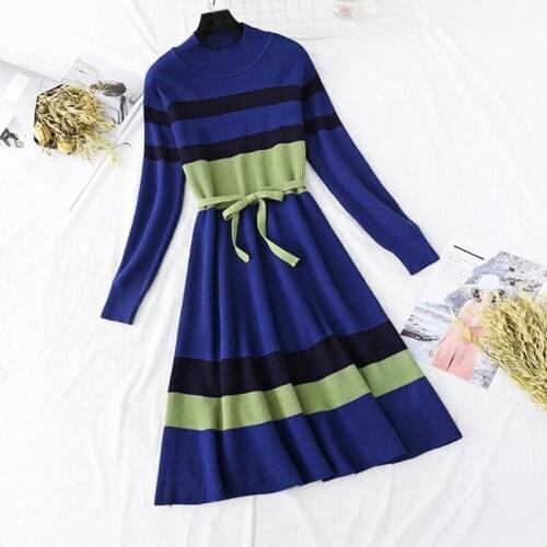 O-neck Long Sleeve Sweater Dress Women Autumn Winter Elegant Slim Bandage Knitted Dress Casual Stripes Midi Dresses
