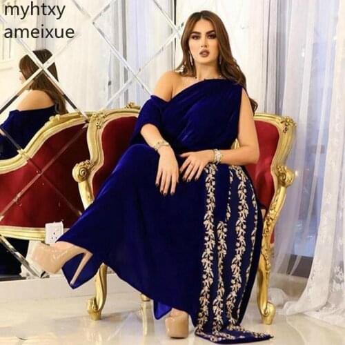 New Arrival Royal Blue Dubai Kaftan Custom Evening Dresses Long 2020 Beading Lace Gown Dress Arabic Party Formal Robe De Soiree