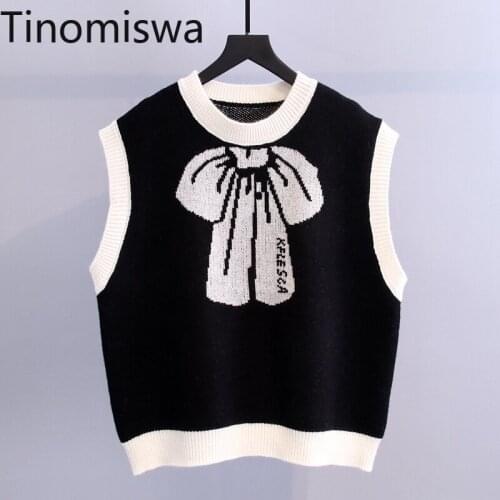 Tinomiswa Bow Knot Pattern Sweater Vest Women O Neck Sleeveless Waistcoat Contrast Color Korean Fashion Tops New Chic Pullover