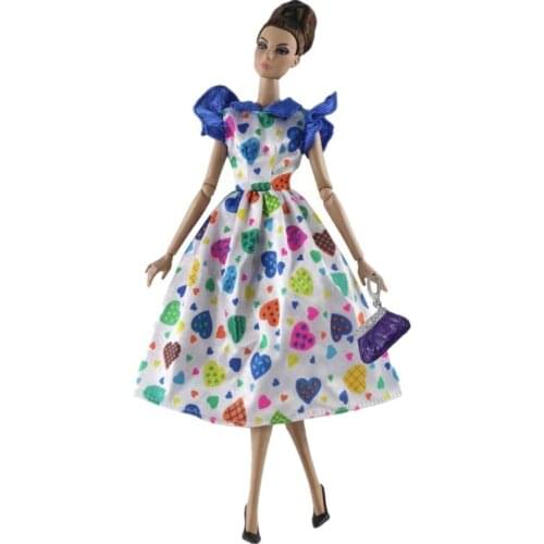 1:6 Fashion Heart Print Princess Dress for Barbie Doll Clothes Outfits Party Gown Handbag 1/6 BJD Dolls Accessories Kids DIY Toy