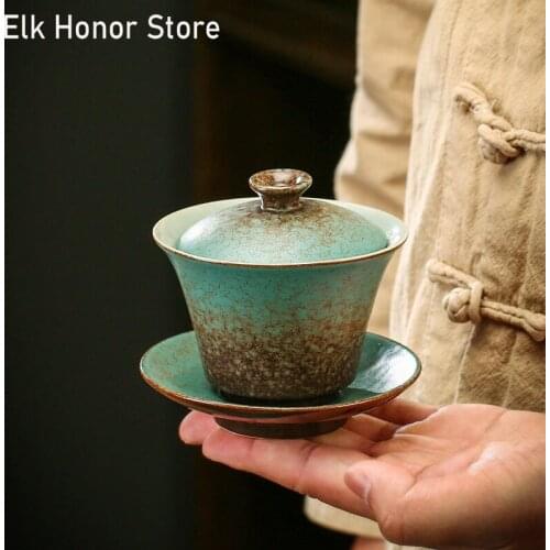 120ml Antique Malachite Green Kiln Glaze Gaiwan Handmade Ceramics Cover Bowl Tea Set Dahpngpao Tea Maker Cup Home Office Teaset