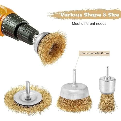 3pcs/set 6mm Wire Brush For Drill Attachment Brass Coated Polishing Brushes Buffing Tools Parts