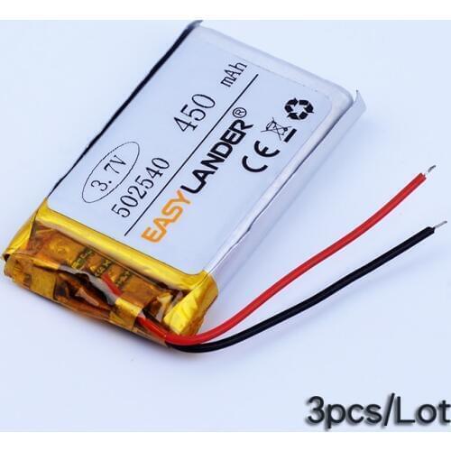 3pcs/Lot 3.7V 450mAh 502540 Rechargeable li Polymer Li-ion Battery For bluetooth headset Bracelet Wrist Watch pen PDA 052540
