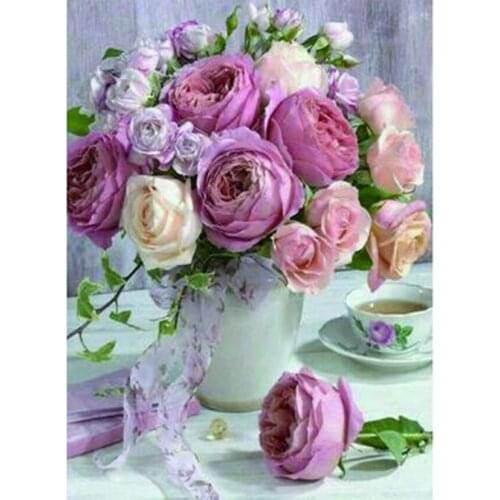 5D DIY Diamond Painting Square/Round Diamond Flower Painting Vase Pink Purple Flower Beauty Picture Cross Stitch Decor WG3059