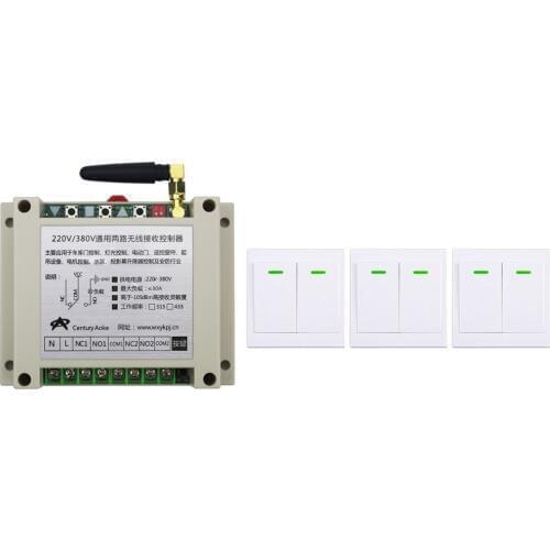 AC220V 250V 380V 30A 2CH RF Wireless Remote Control Switch Receiver + 3*Wall Panel Remote Transmitter Sticky Remote Smart Home