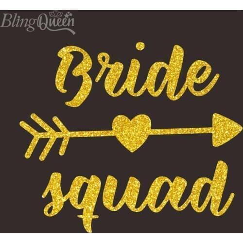 BlingQueen 12PCS/LOT Custom Hot Fix Iron On Glitter Vinyl Transfers Bride Squad Design