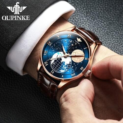 OUPINKE Mens Mechanical Wirstwatches Moon Phase Waterproof Business Luxury Automatic Sapphire Mens Watches Relogio Masculino