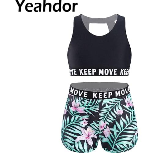 Kids Girls Sport Suit Sportwear Round Neck Criss Cross Cut Out Back Sport Bras Tops and Shorts Set for Running Gym Yoga Workout