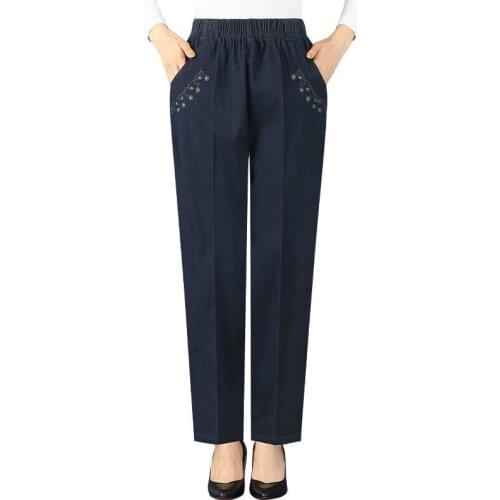 Mom Jeans Spring Autumn Middle-aged Womens Embroidered Denim Pants Casual Elastic High Waist Loose Straight Trousers Plus Size