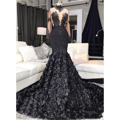 Elegant Black Mermaid Prom Dresses 2020 Beaded Long Sleeves High Neck African Black Girl Prom Party Dresses vestidos de fiesta