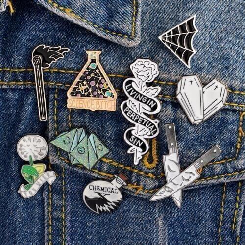 Enamel Pin Origami game Heart coffin Science chemical Cobweb Matches Rose Knife Brooch and Pin Cartoon Lapel Pin Button Badges