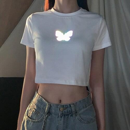 Womens Tshirt Summer Korean Butterfly Print T Shirt Short Sleeve Retro Harajuku Vintage Black White Solid Crop Tops Woman 2021
